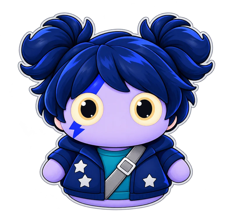 SunnyBunny’s illustrated mascot, with blue twin-bun hair, a lavender face and a lightning cheek.